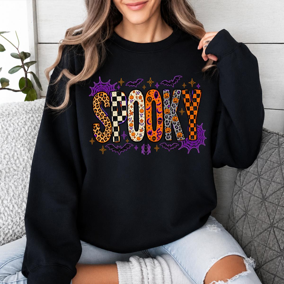 Retro Spooky Season Sweatshirt, Cute Leopard Plaid Pumpkin, Fall Halloween Graphic Gift for Women
