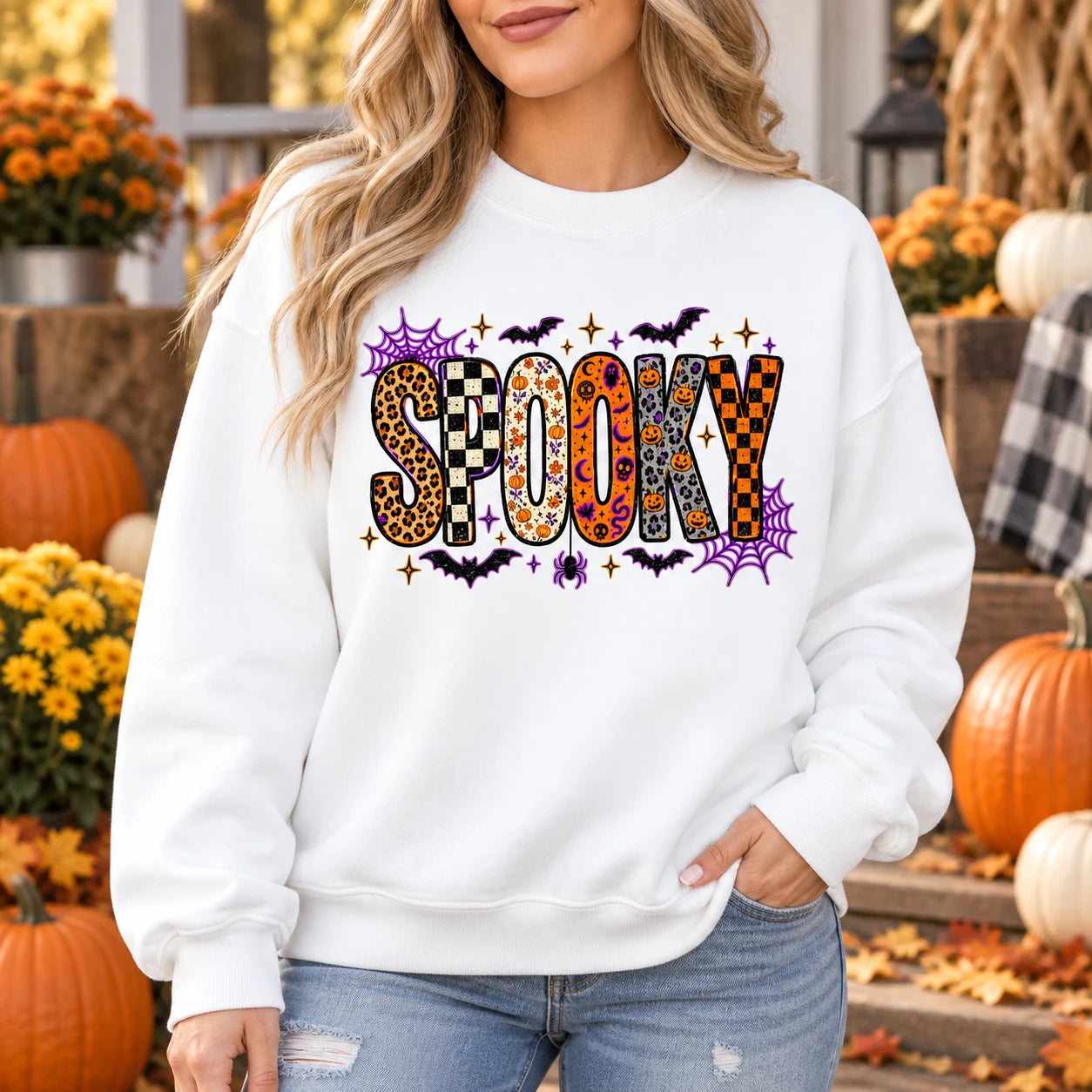 Retro Spooky Season Sweatshirt, Cute Leopard Plaid Pumpkin, Fall Halloween Graphic Gift for Women