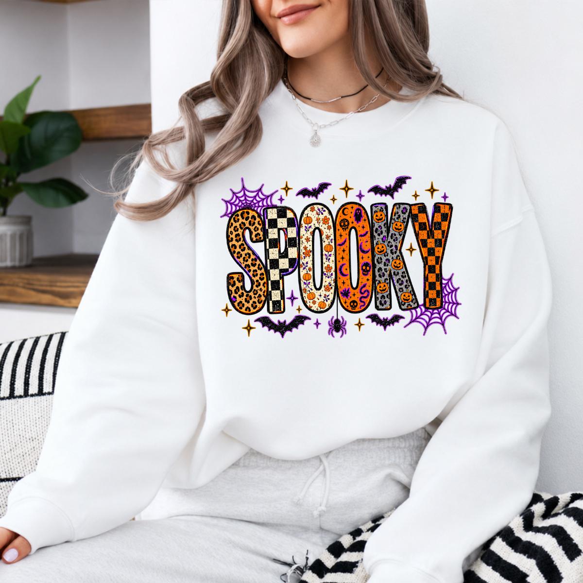 Retro Spooky Season Sweatshirt, Cute Leopard Plaid Pumpkin, Fall Halloween Graphic Gift for Women