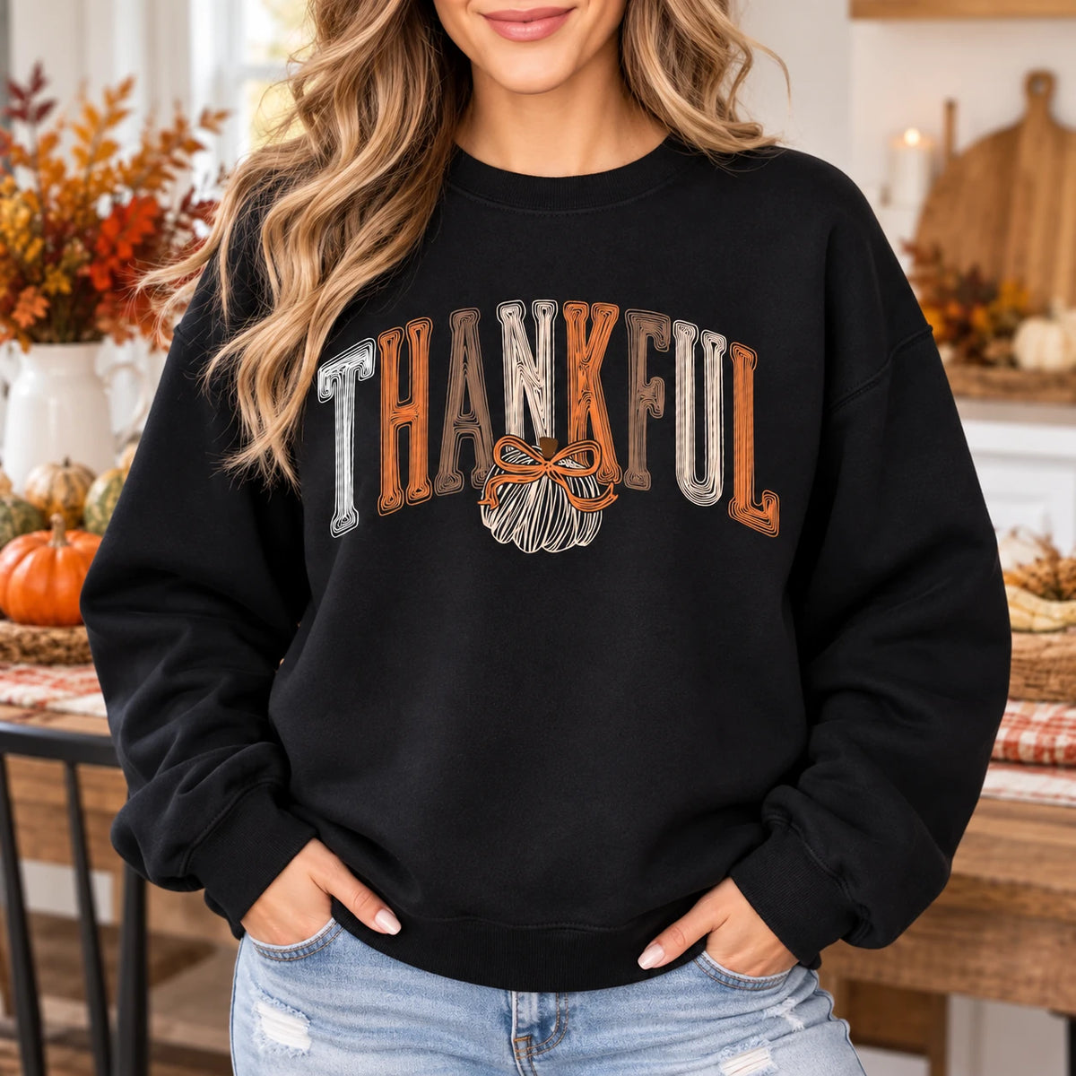 Retro Thankful Pumpkin Bow Sweatshirt, Fall Harvest Graphic Crewneck Pullover, Cozy Thanksgiving Outfit & Gift for Women