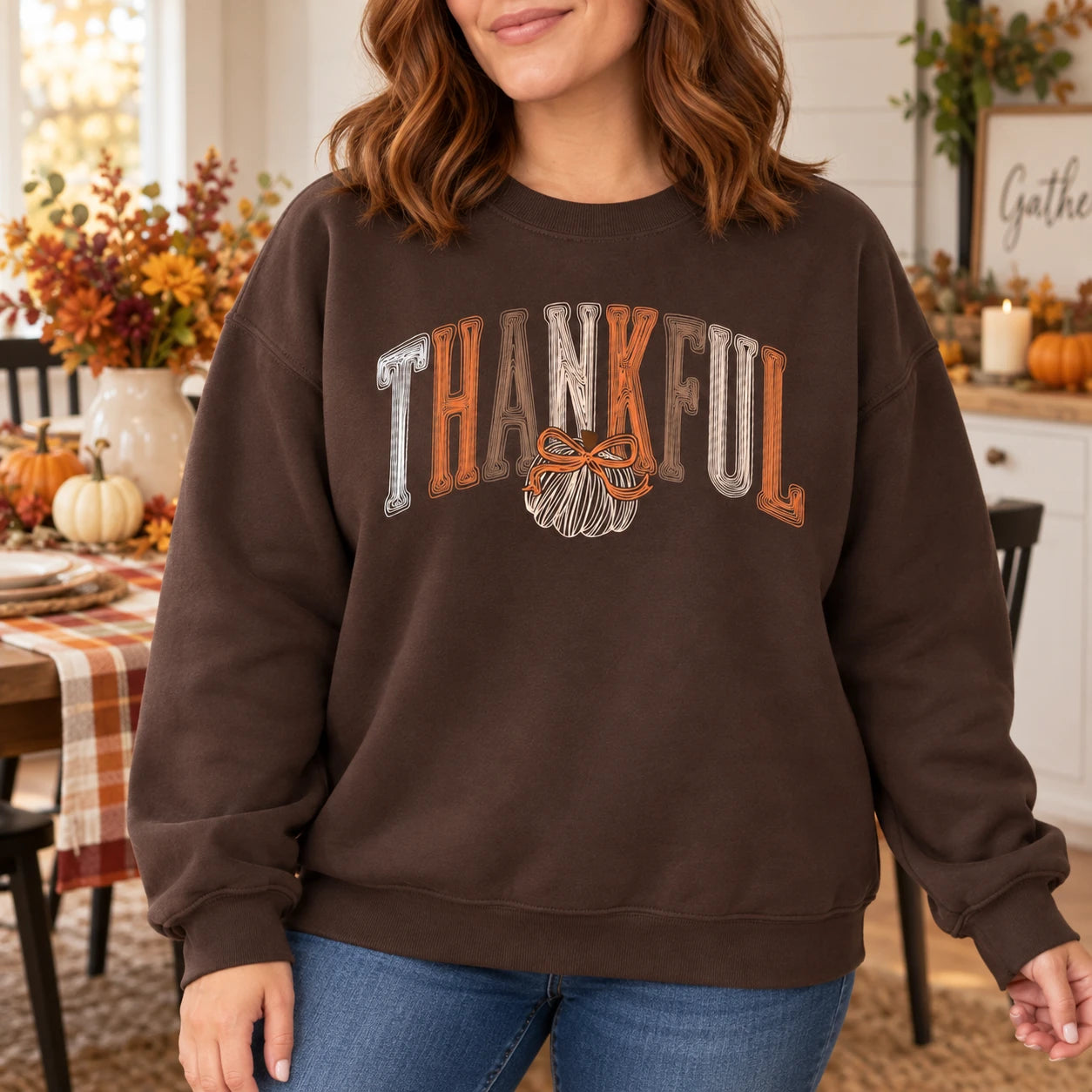 Retro Thankful Pumpkin Bow Sweatshirt, Fall Harvest Graphic Crewneck Pullover, Cozy Thanksgiving Outfit & Gift for Women