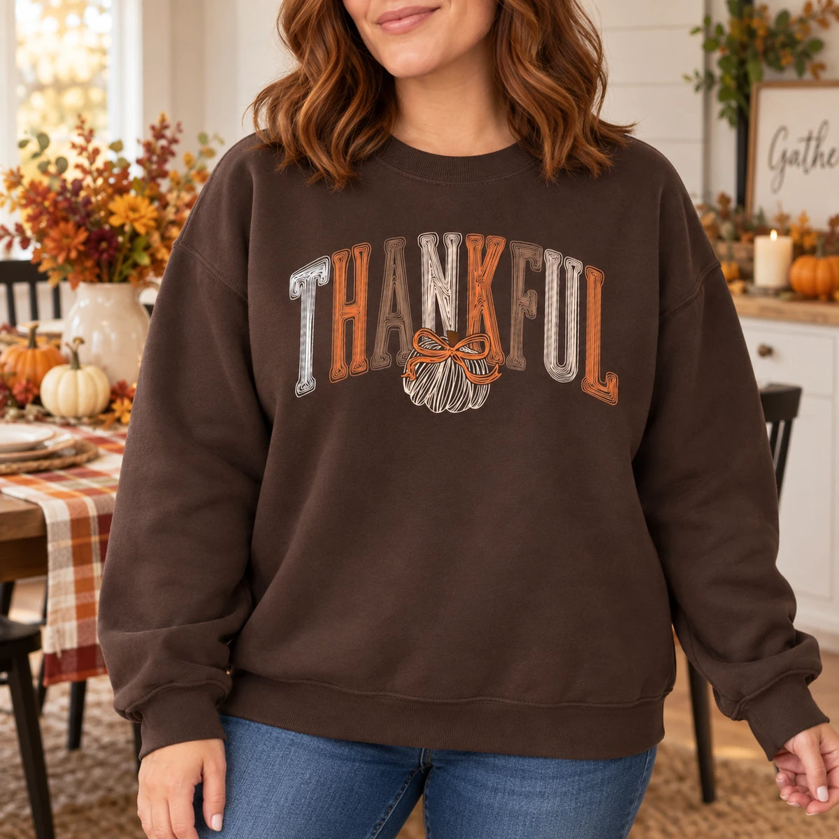 Retro Thankful Pumpkin Bow Sweatshirt, Fall Harvest Graphic Crewneck Pullover, Cozy Thanksgiving Outfit & Gift for Women