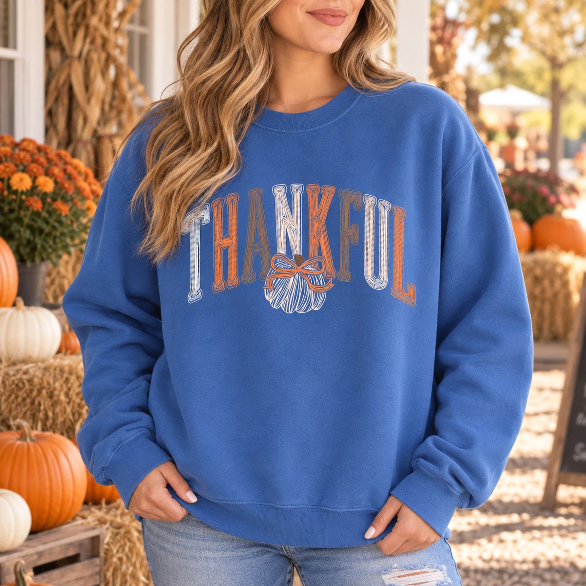 Retro Thankful Pumpkin Bow Sweatshirt, Fall Harvest Graphic Crewneck Pullover, Cozy Thanksgiving Outfit & Gift for Women