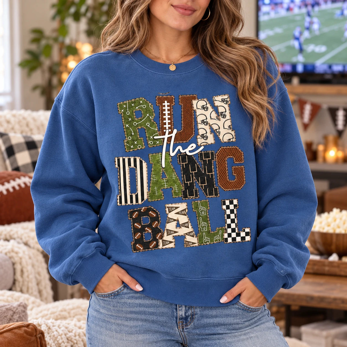 Run The Dang Ball Football Game Day Sweatshirt Vintage Patchwork Sports for Men Women