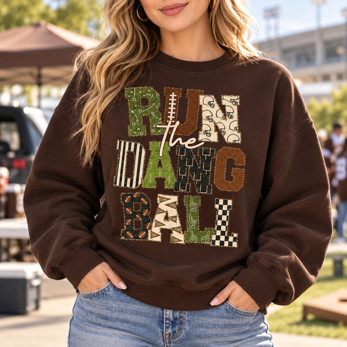Run The Dang Ball Football Game Day Sweatshirt Vintage Patchwork Sports for Men Women
