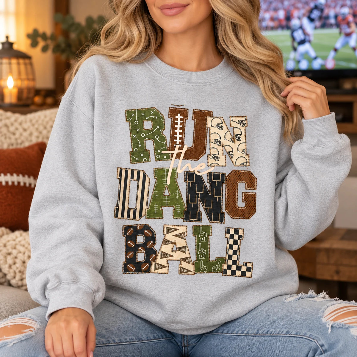 Run The Dang Ball Football Game Day Sweatshirt Vintage Patchwork Sports for Men Women