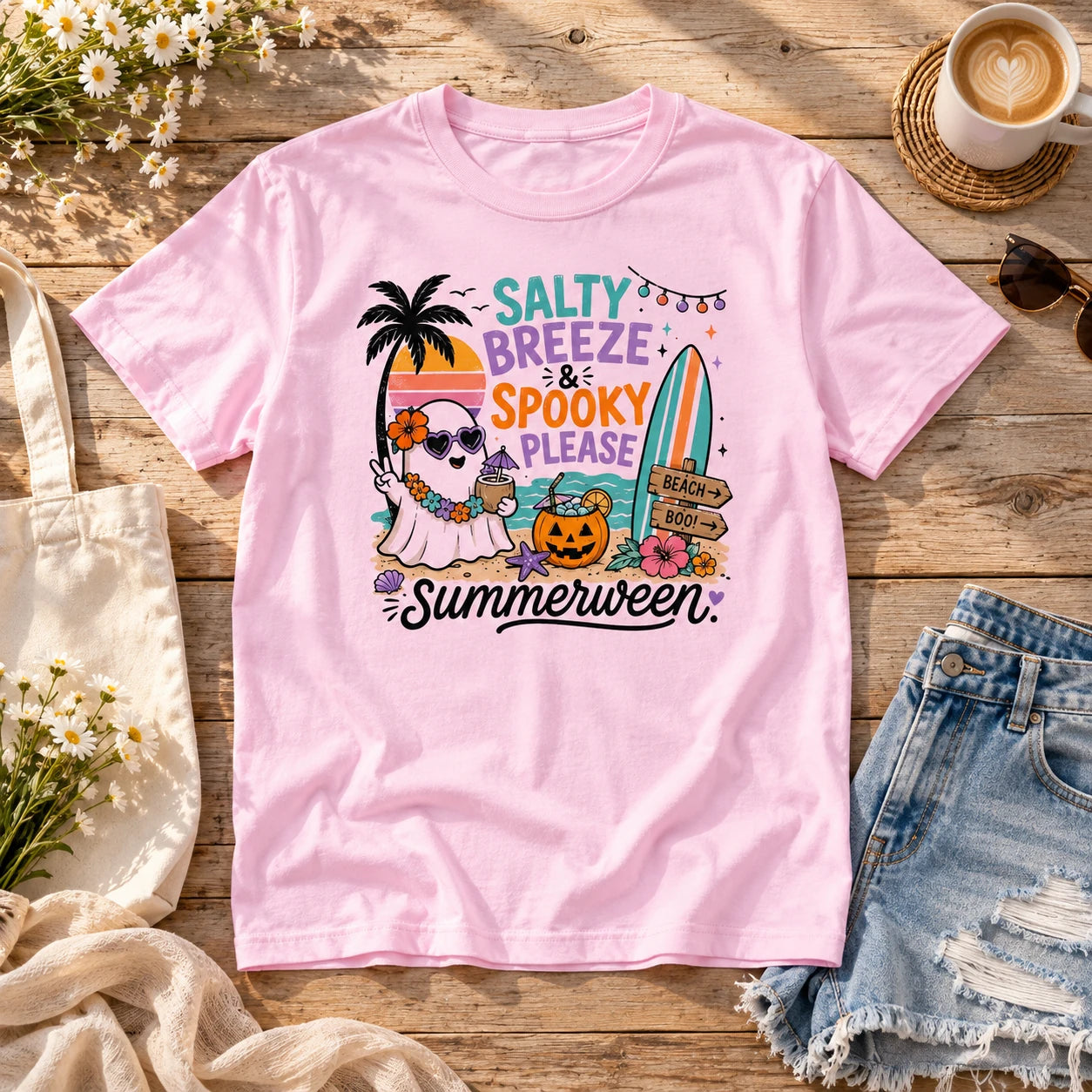 Salty Breeze Spooky Please Summerween Graphic Tee Retro Beach Ghost Halloween Unisex T-Shirt