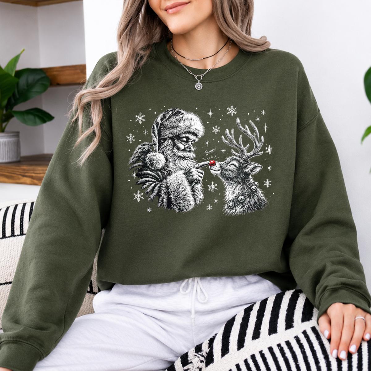 Santa Reindeer Sweatshirt, Boop Nose Design, Christmas Holiday Women, Vintage Cute Graphic