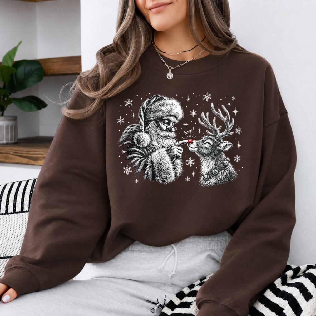 Santa Reindeer Sweatshirt, Boop Nose Design, Christmas Holiday Women, Vintage Cute Graphic