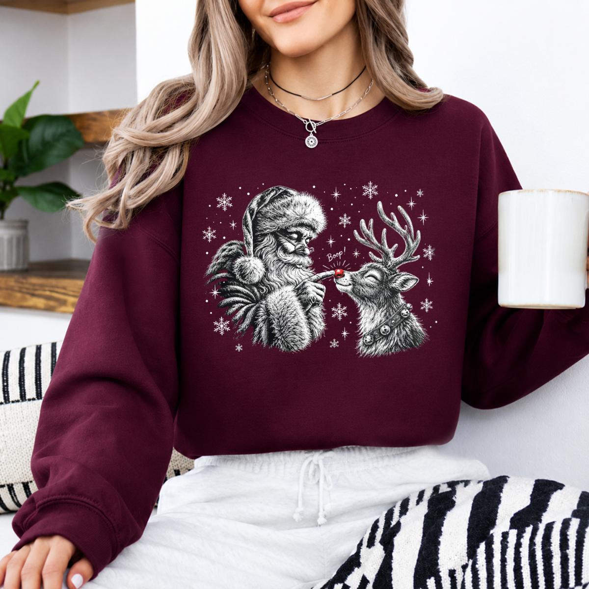 Santa Reindeer Sweatshirt, Boop Nose Design, Christmas Holiday Women, Vintage Cute Graphic