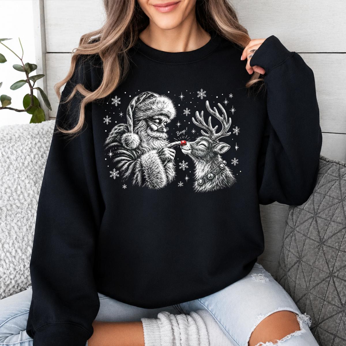 Santa Reindeer Sweatshirt, Boop Nose Design, Christmas Holiday Women, Vintage Cute Graphic