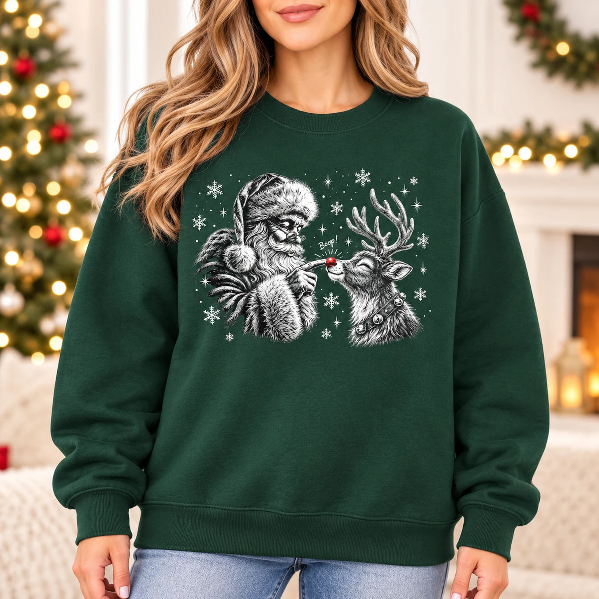 Santa Reindeer Sweatshirt, Vintage Boop Nose Christmas Graphic For Women