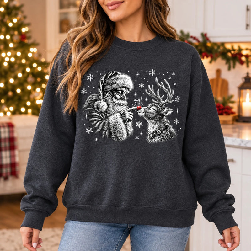 Santa Reindeer Sweatshirt, Vintage Boop Nose Christmas Graphic For Women