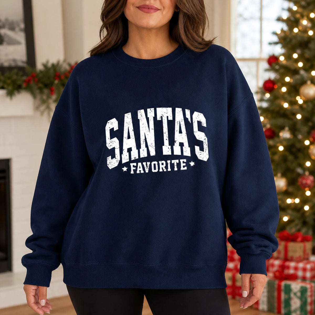 Santa's Favorite Christmas Sweatshirt for Women Distressed Varsity Quote