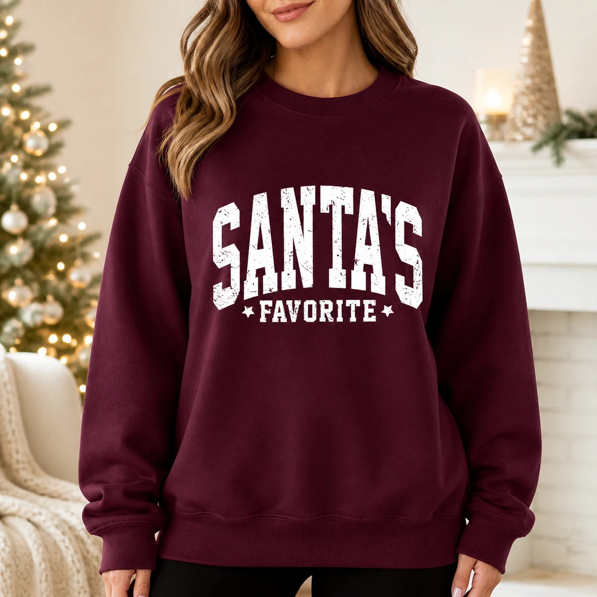 Santa's Favorite Christmas Sweatshirt for Women Distressed Varsity Quote