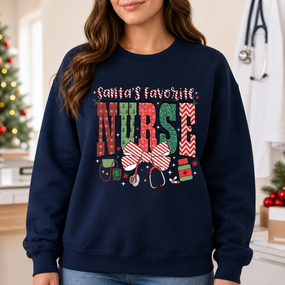 Santa's Favorite Nurse Christmas Nurse Sweatshirt Cute Holiday Bow Design