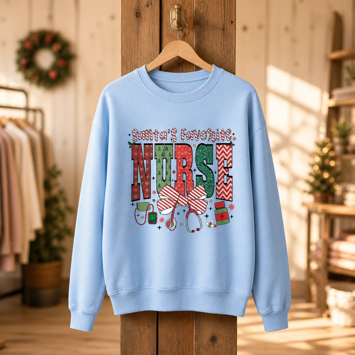 Santa's Favorite Nurse Christmas Nurse Sweatshirt Cute Holiday Bow Design