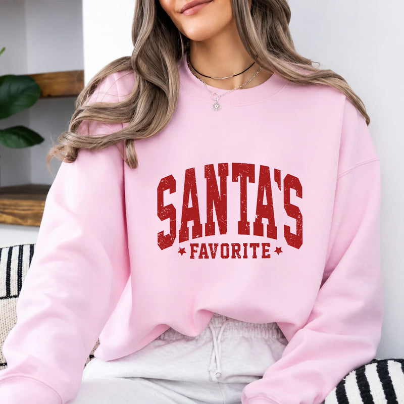 Santa's Favorite Sweatshirt Santa's Favorite Christmas Women Distressed Varsity Design