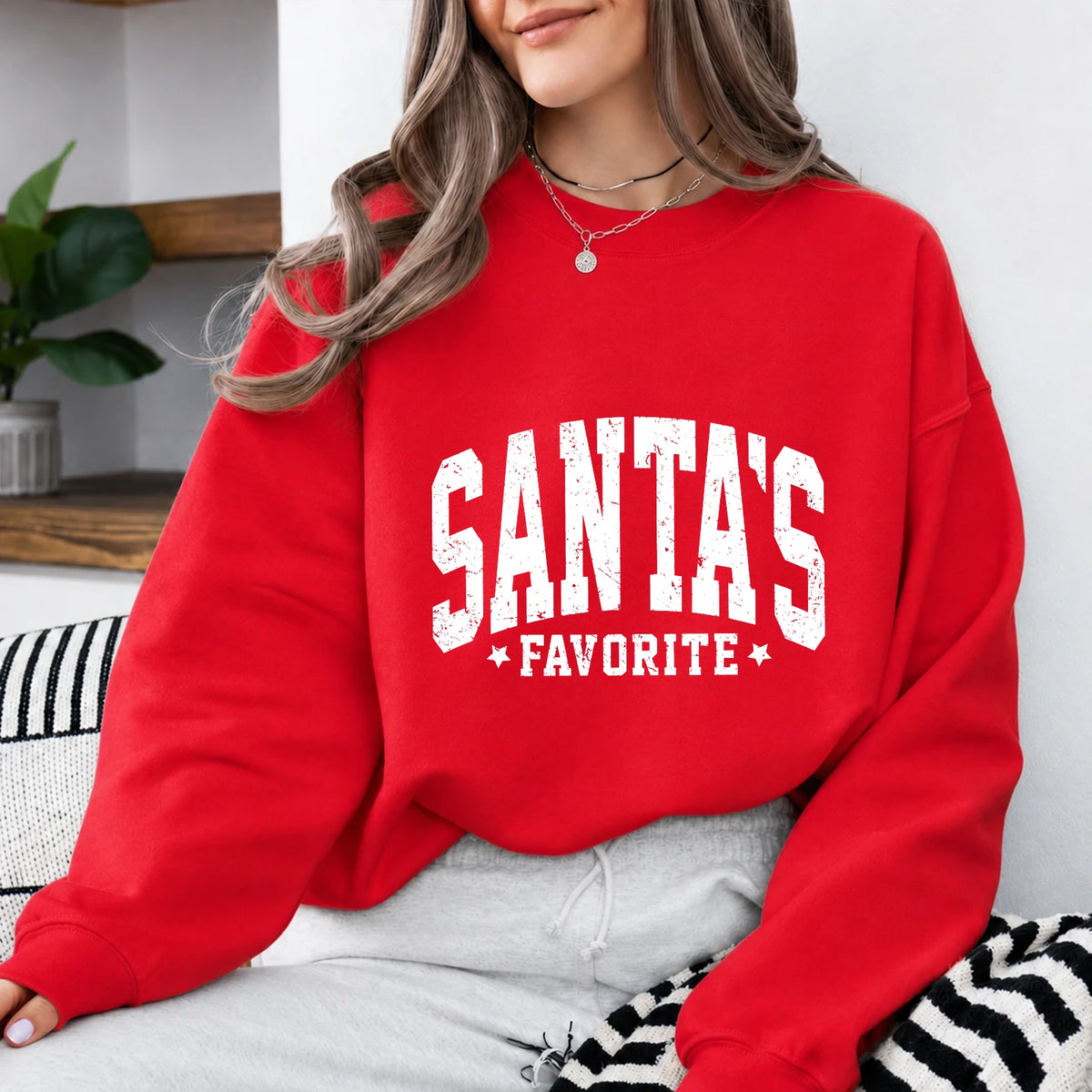 Santa's Favorite Sweatshirt Santa's Favorite Christmas Women Distressed Varsity Design