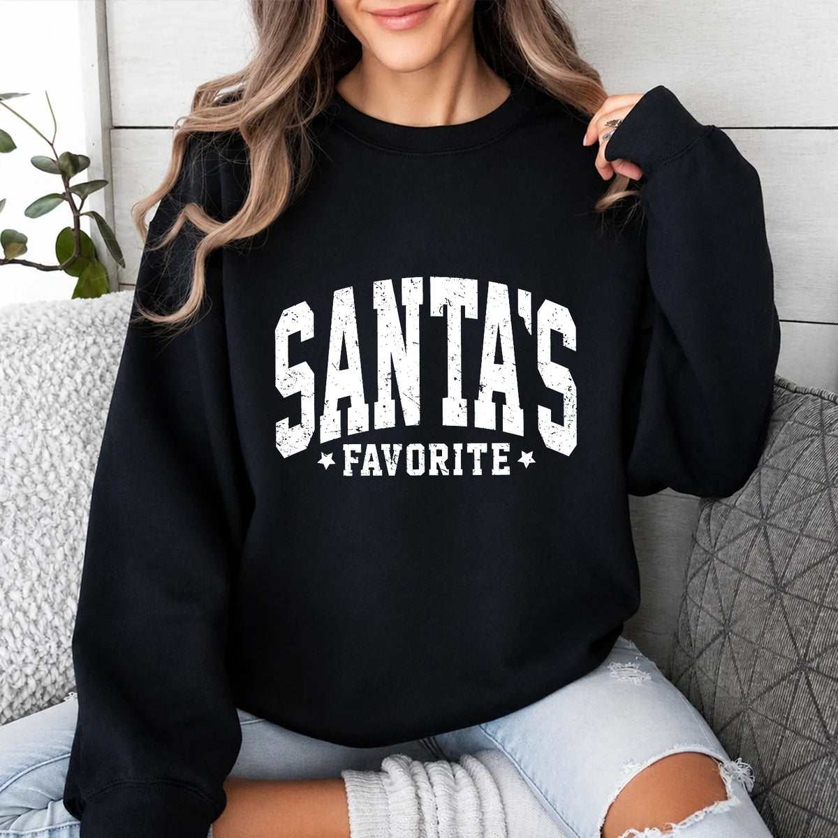Santa's Favorite Sweatshirt Santa's Favorite Christmas Women Distressed Varsity Design