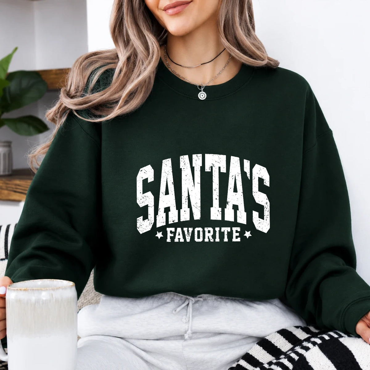 Santa's Favorite Sweatshirt Santa's Favorite Christmas Women Distressed Varsity Design