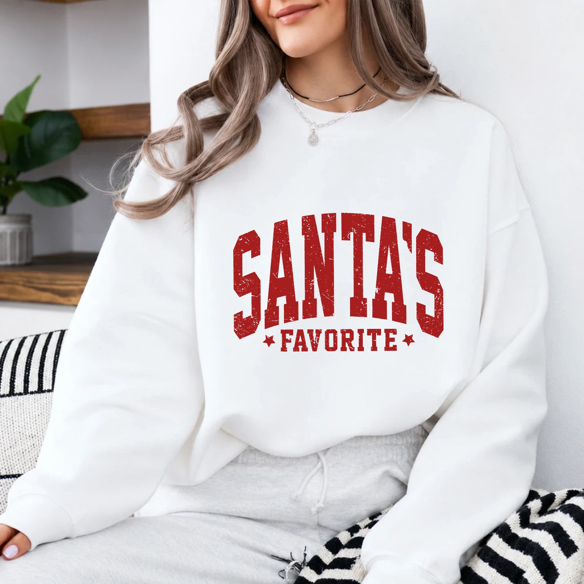 Santa's Favorite Sweatshirt Santa's Favorite Christmas Women Distressed Varsity Design