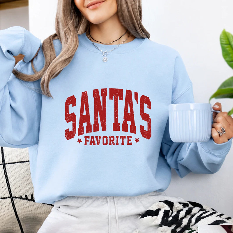 Santa's Favorite Sweatshirt Santa's Favorite Christmas Women Distressed Varsity Design