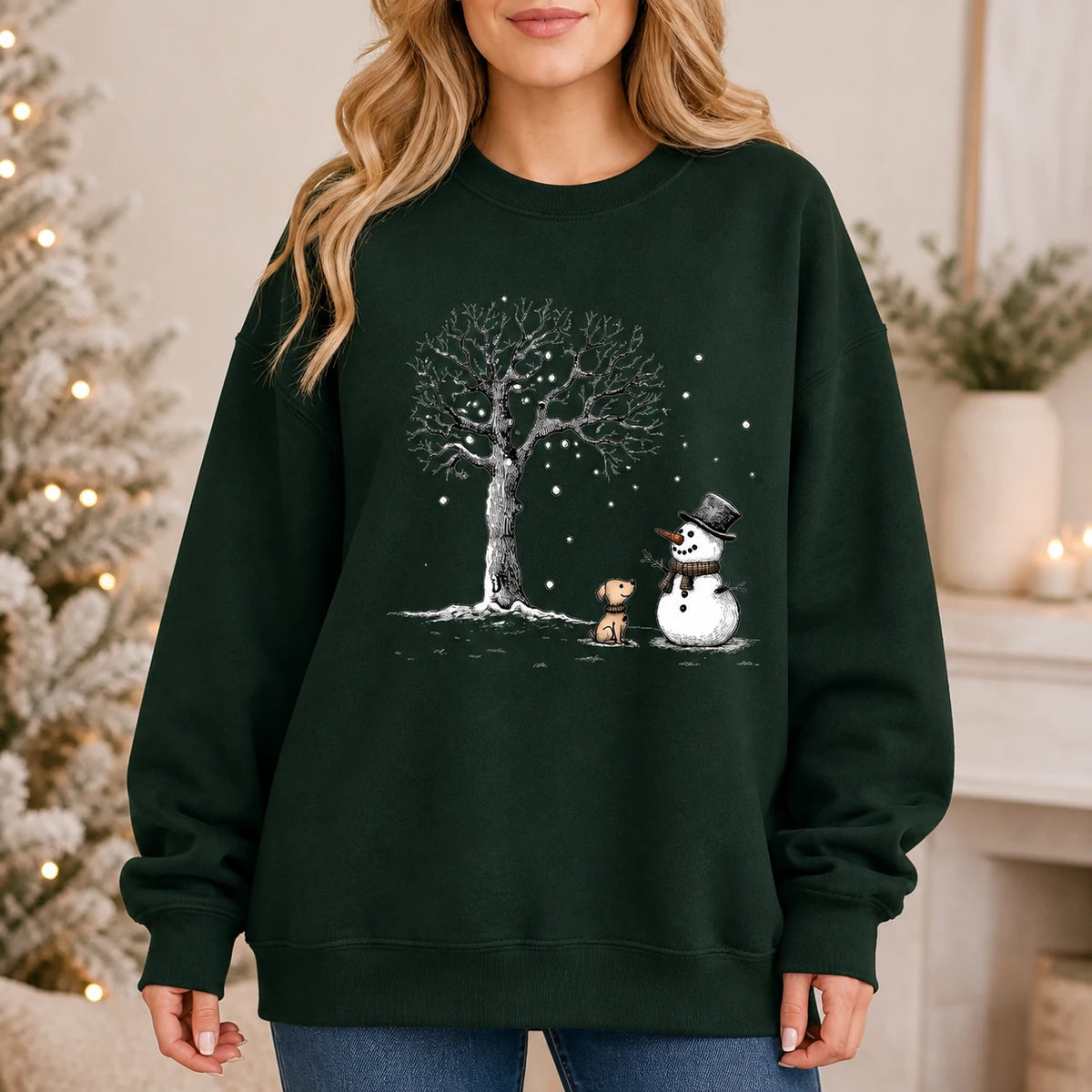 Snowman Dog Sweatshirt, Christmas Winter Dog Lover Gift, Cute Sketch Style for Women