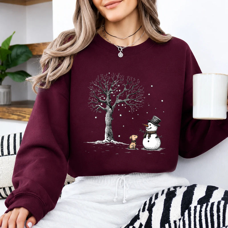Snowman Dog Sweatshirt, Winter Friends Design, Christmas Dog Lover, Women, Cute Sketch Style