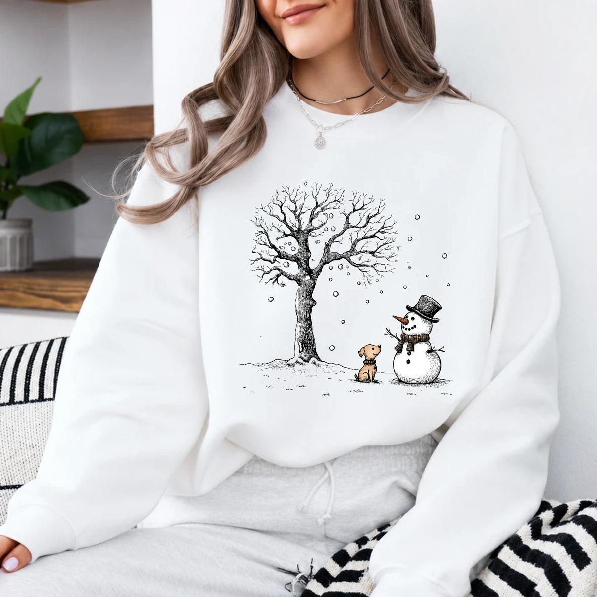 Snowman Dog Sweatshirt, Winter Friends Design, Christmas Dog Lover, Women, Cute Sketch Style