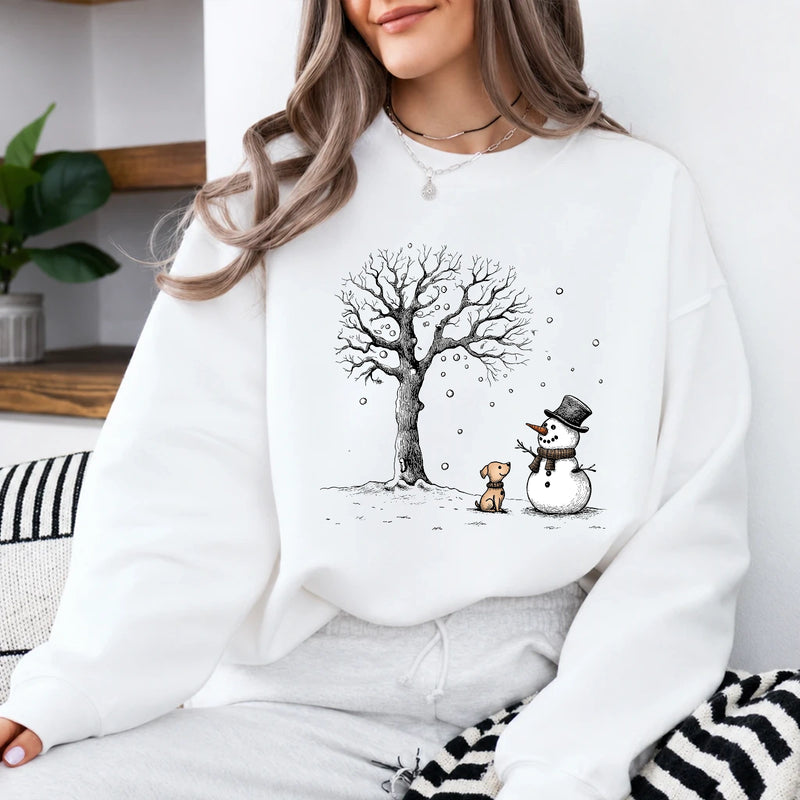 Snowman Dog Sweatshirt, Winter Friends Design, Christmas Dog Lover, Women, Cute Sketch Style