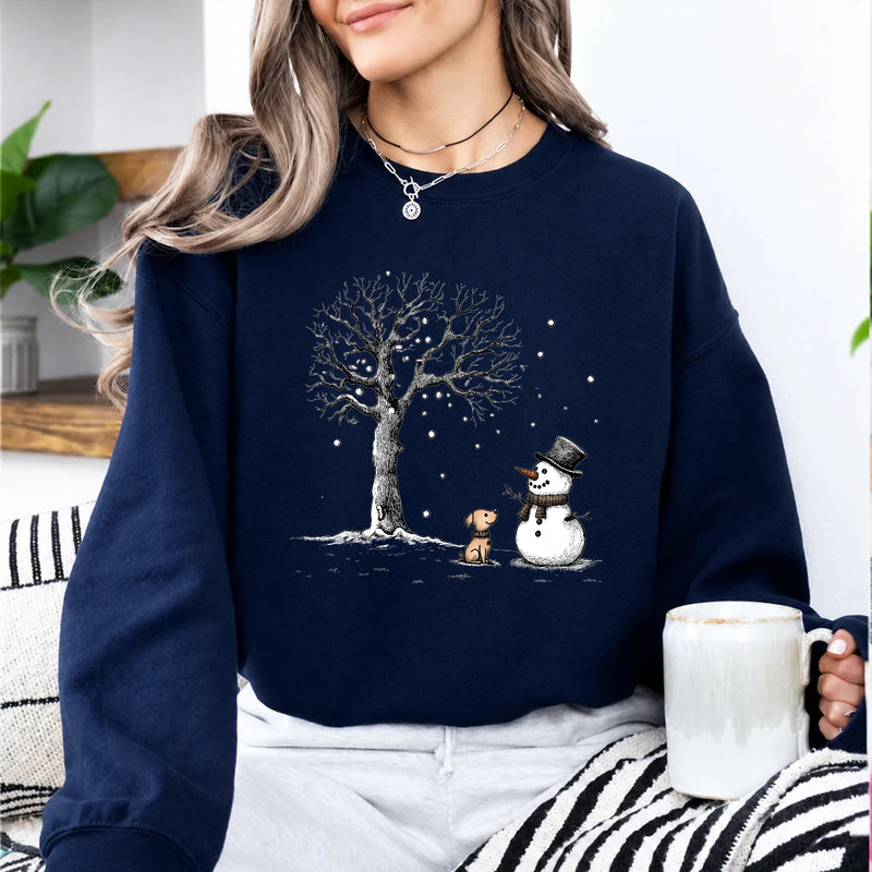 Snowman Dog Sweatshirt, Winter Friends Design, Christmas Dog Lover, Women, Cute Sketch Style