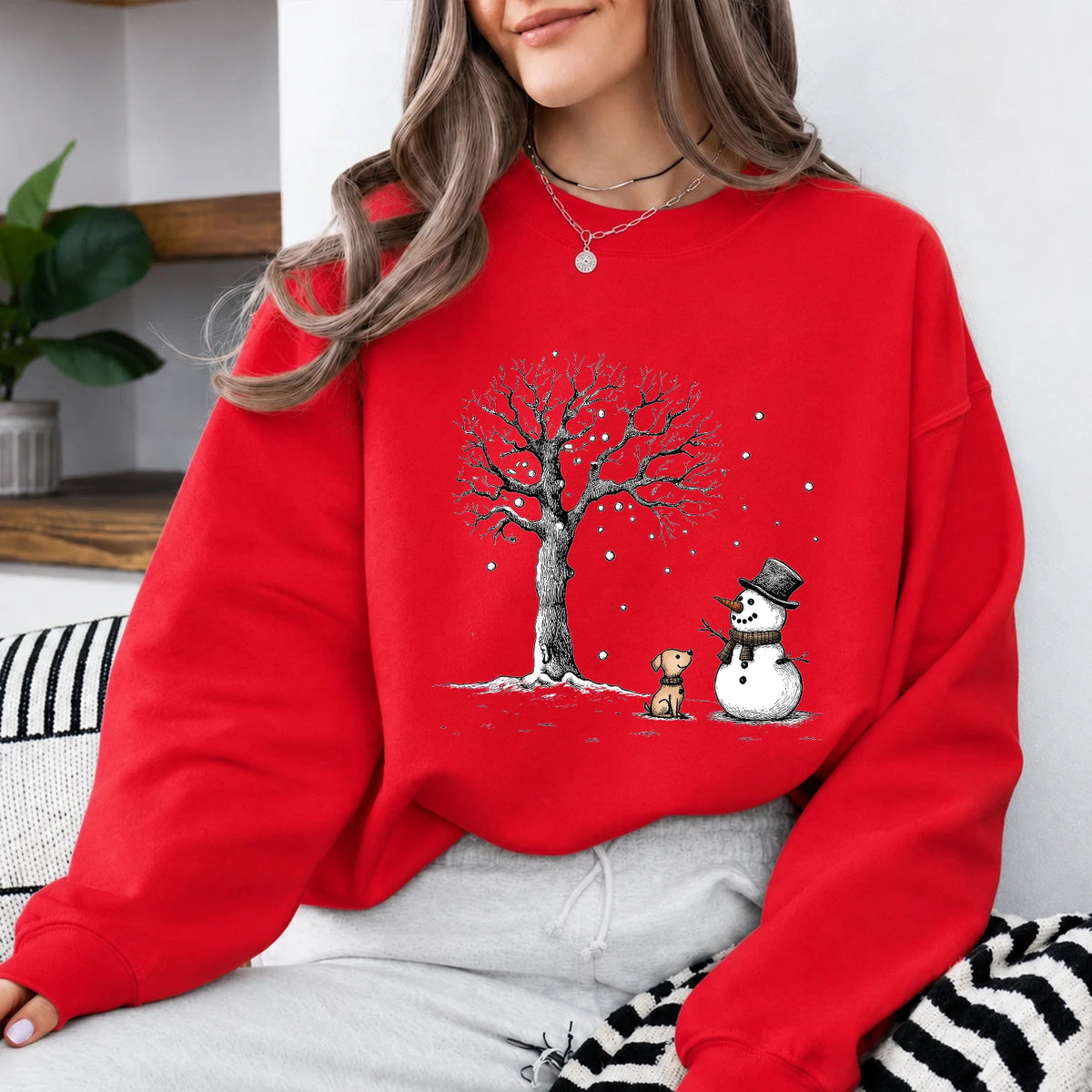 Snowman Dog Sweatshirt, Winter Friends Design, Christmas Dog Lover, Women, Cute Sketch Style