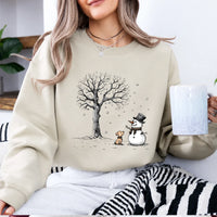 Snowman Dog Sweatshirt, Winter Friends Design, Christmas Dog Lover, Women, Cute Sketch Style