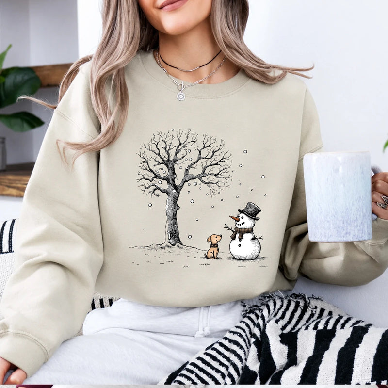 Snowman Dog Sweatshirt, Winter Friends Design, Christmas Dog Lover, Women, Cute Sketch Style