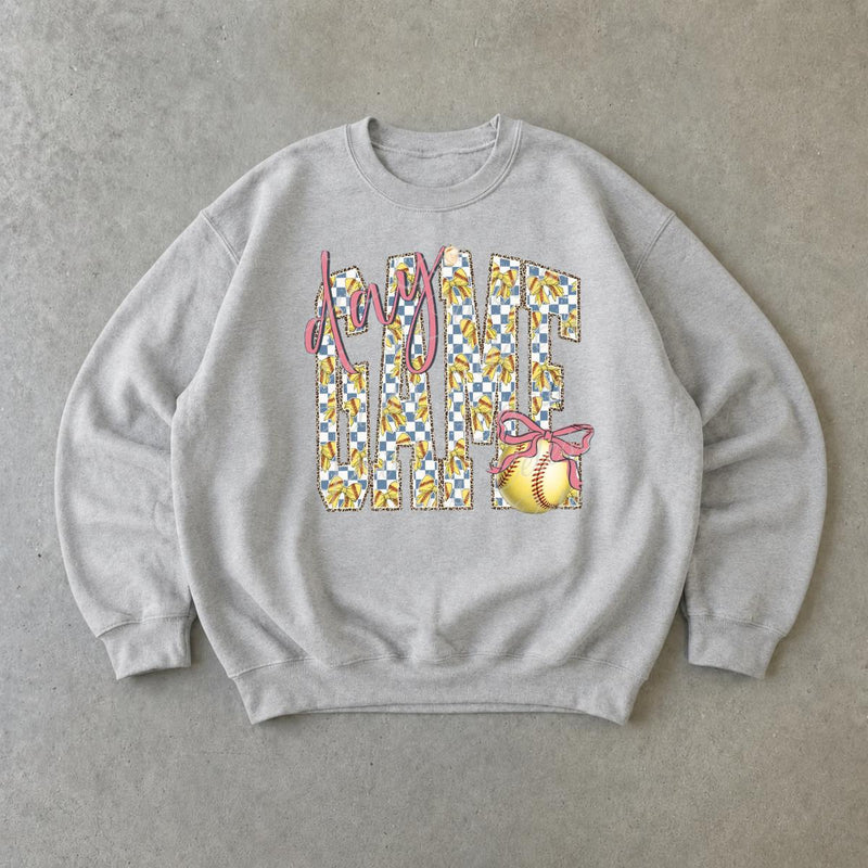 Softball Mom Sweatshirt Day Game Play Ball Sports Season Women Cute Coquette Bow Design
