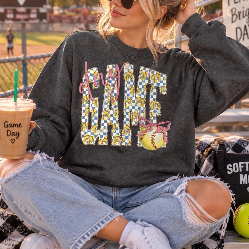 Softball Mom Sweatshirt Day Game Play Ball Sports Season Women Cute Coquette Bow Design