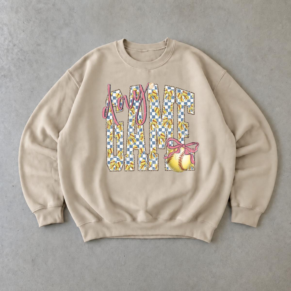 Softball Mom Sweatshirt Day Game Play Ball Sports Season Women Cute Coquette Bow Design