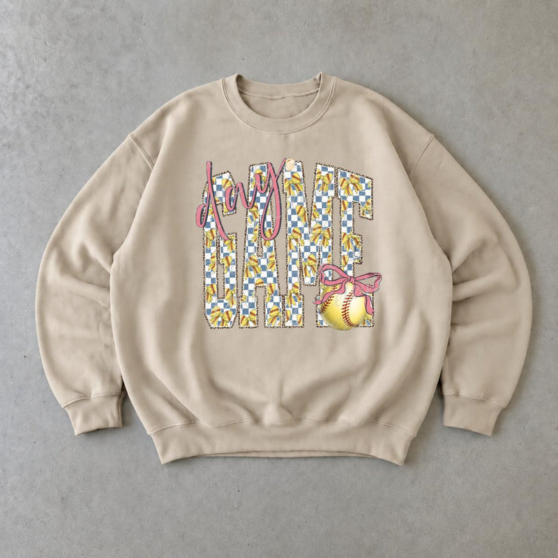 Softball Mom Sweatshirt Day Game Play Ball Sports Season Women Cute Coquette Bow Design
