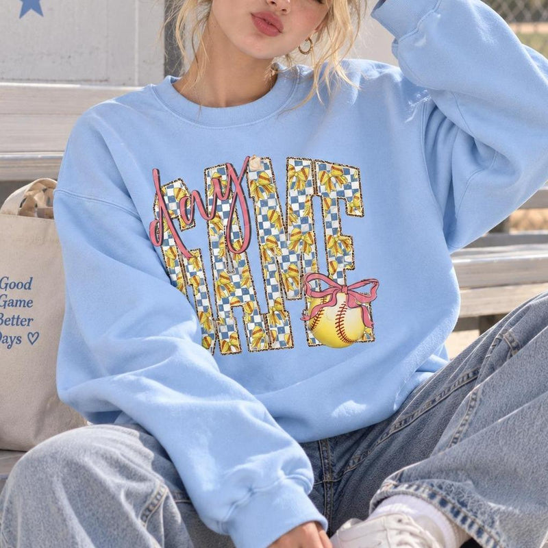 Softball Mom Sweatshirt Day Game Play Ball Sports Season Women Cute Coquette Bow Design