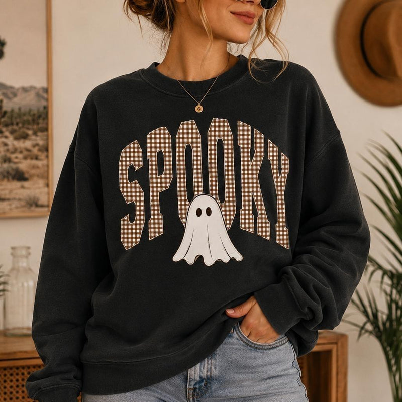Spooky Ghost Sweatshirt Spooky Gingham Ghost Halloween Women Cute Retro