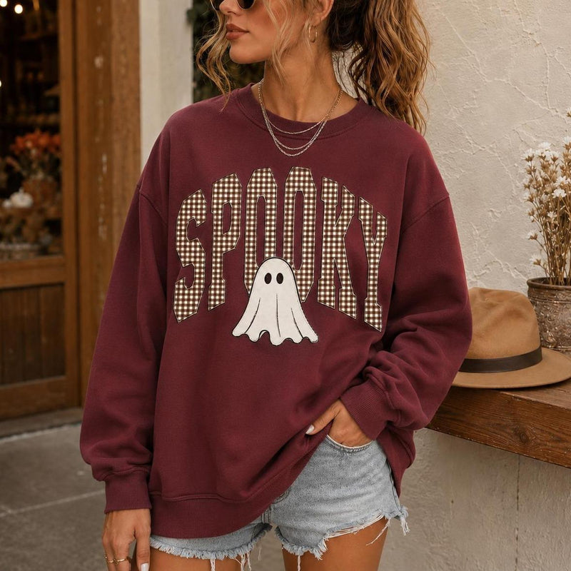 Spooky Ghost Sweatshirt Spooky Gingham Ghost Halloween Women Cute Retro