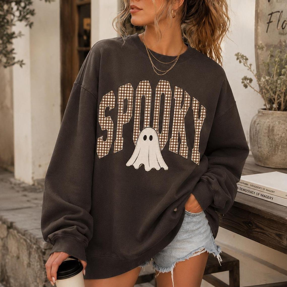 Spooky Ghost Sweatshirt Spooky Gingham Ghost Halloween Women Cute Retro
