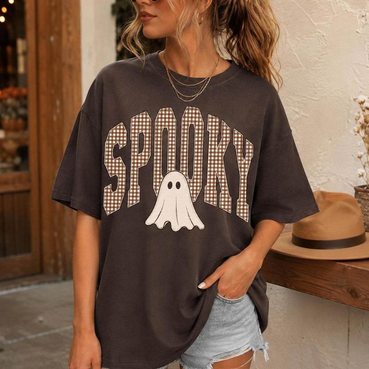 Spooky Ghost Sweatshirt Spooky Gingham Ghost Halloween Women Cute Retro