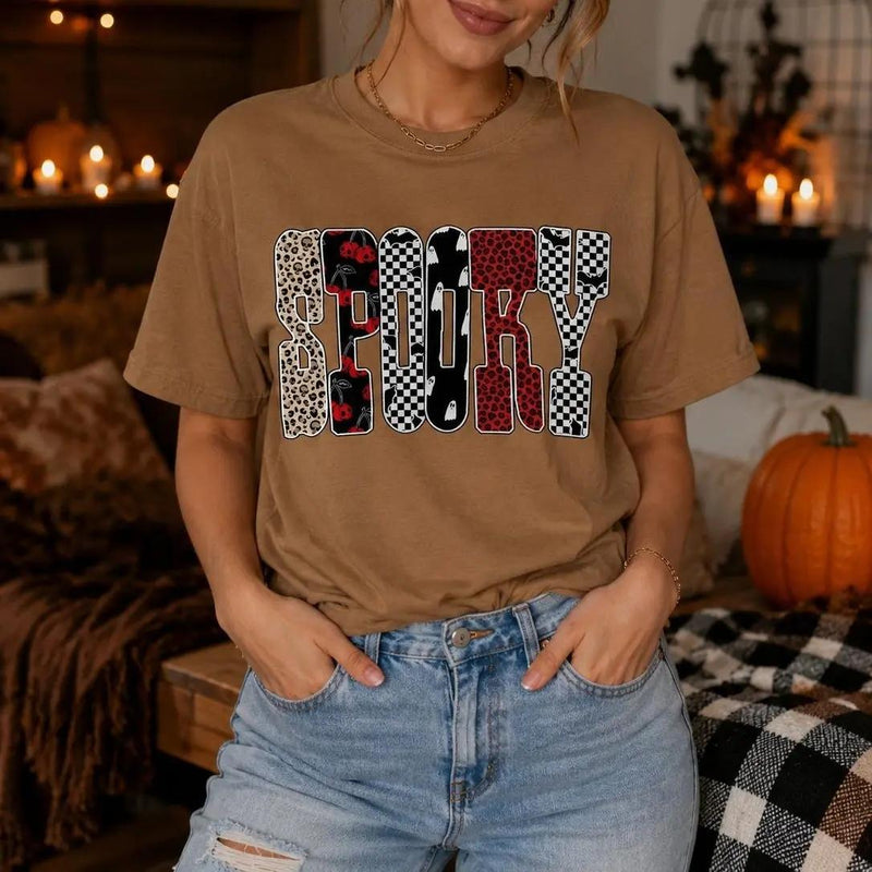 Spooky Halloween T-Shirt SPOOKY Graphic Halloween Season Women Cute Retro Pattern Design