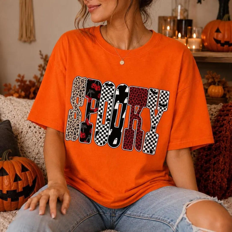 Spooky Halloween T-Shirt SPOOKY Graphic Halloween Season Women Cute Retro Pattern Design