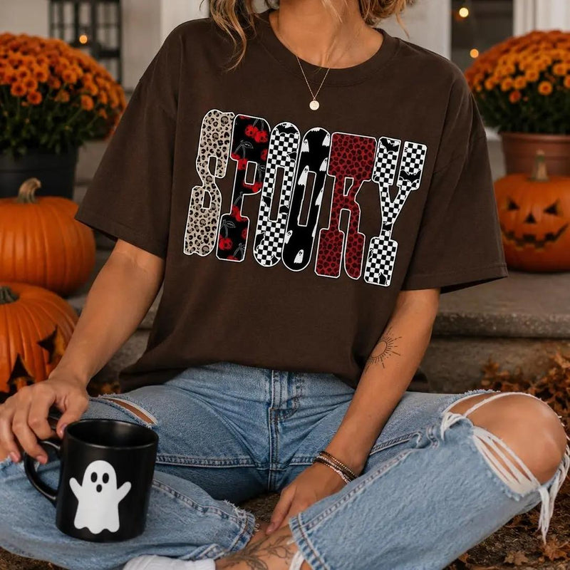 Spooky Halloween T-Shirt SPOOKY Graphic Halloween Season Women Cute Retro Pattern Design