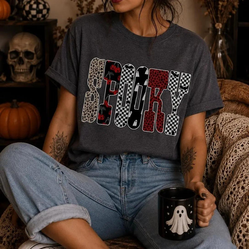 Spooky Halloween T-Shirt SPOOKY Graphic Halloween Season Women Cute Retro Pattern Design