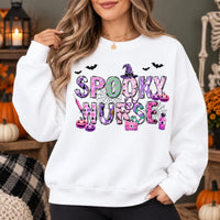 Spooky Nurse Gift Halloween Nurse Sweatshirt and T-Shirt Cute Pink Purple Medical Design