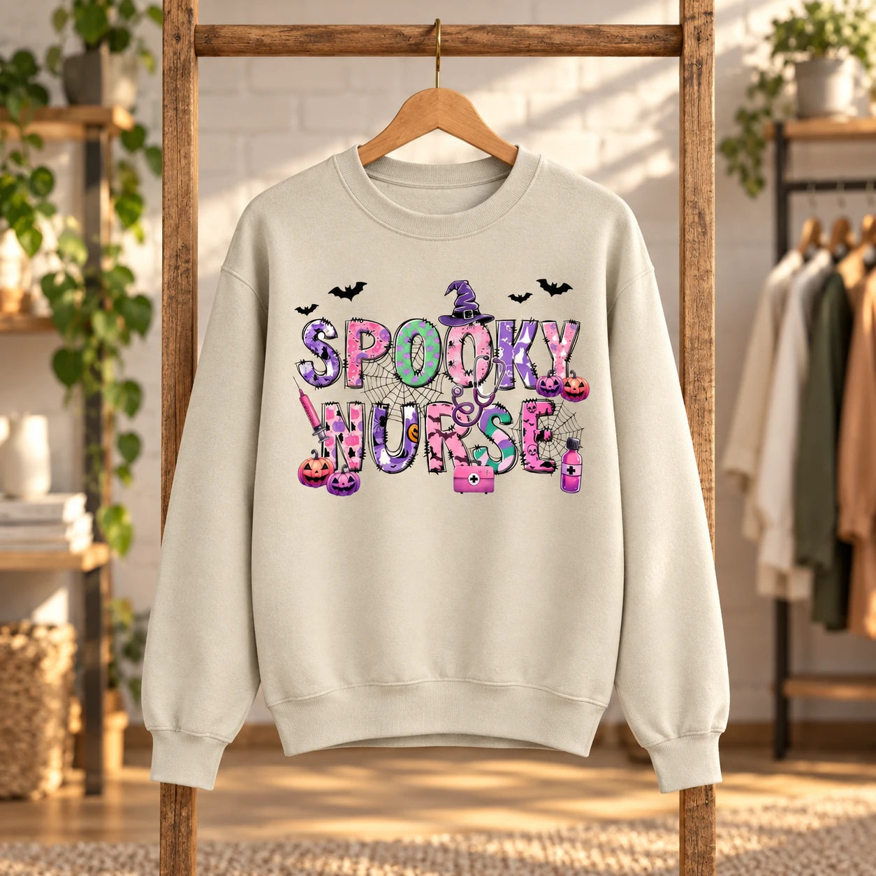 Spooky Nurse Gift Halloween Nurse Sweatshirt and T-Shirt Cute Pink Purple Medical Design